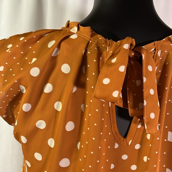 NWT LC Lauren Conrad Burnt Orange Polka Dot Print Pleat Neck Blouse - Picture 11 of 16